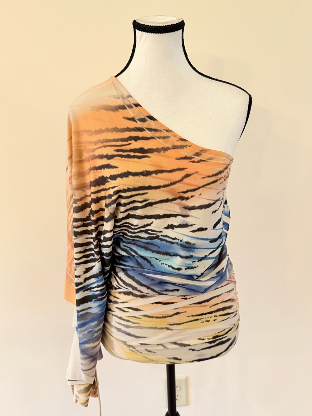 One-Shoulder Tiger-Stripe Tunic in Orange and Blue - small